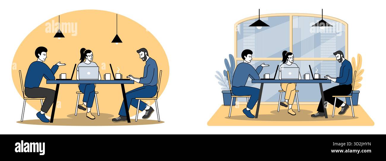 Illustrazione vettoriale di un gruppo di giovani professionisti che lavorano insieme a un tavolo in un ufficio moderno o in uno spazio di coworking Illustrazione Vettoriale