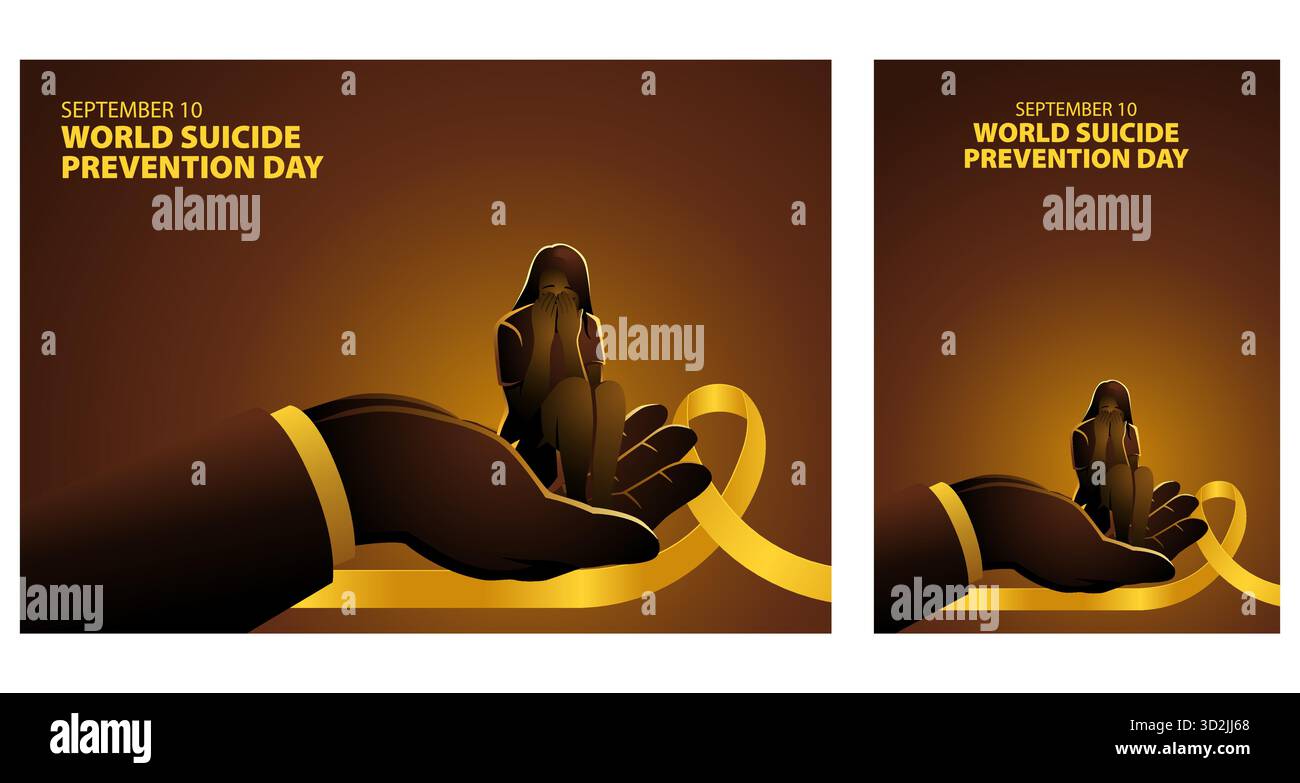 Illustrazione della giornata mondiale della prevenzione del suicidio. Mani di sostegno che tengono una donna triste con il nastro giallo. Illustrazione Vettoriale