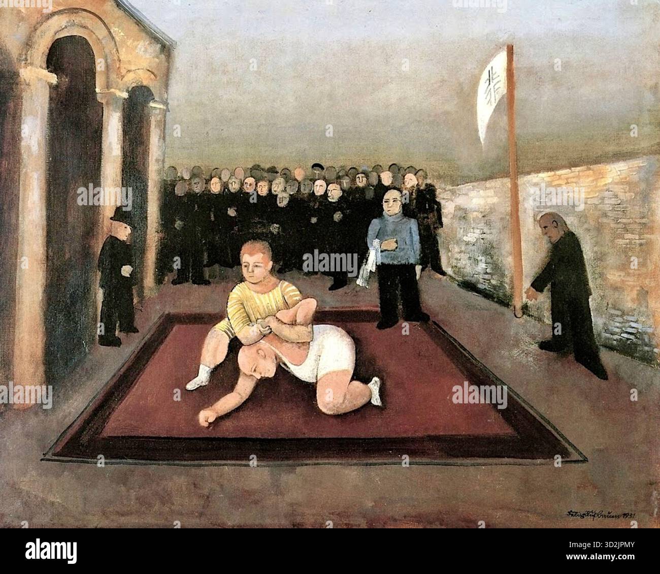 Felix Nussbaum - Antique Park - 1931 - la scena raffigura due uomini che lottano su un tappeto rosso al centro di una piazza. Una folla di persone, vestite con abiti scuri, si erge sullo sfondo a guardare. A sinistra, un uomo in tuta nera e cappello da bocciatore si trova vicino ad un ingresso ad arco. A destra, un altro uomo ha un palo alto con una bandiera bianca. L'ambiente sembra essere una piazza urbana murata con un'atmosfera cupa. Foto Stock