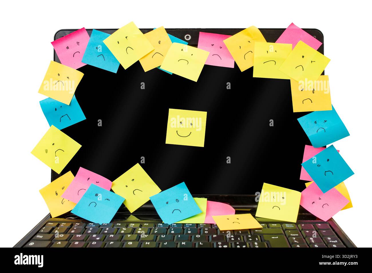 Molti adesivi colorati con espressioni tristi e sorridenti su uno schermo nero per laptop isolato su sfondo bianco, metafora della felicità Foto Stock