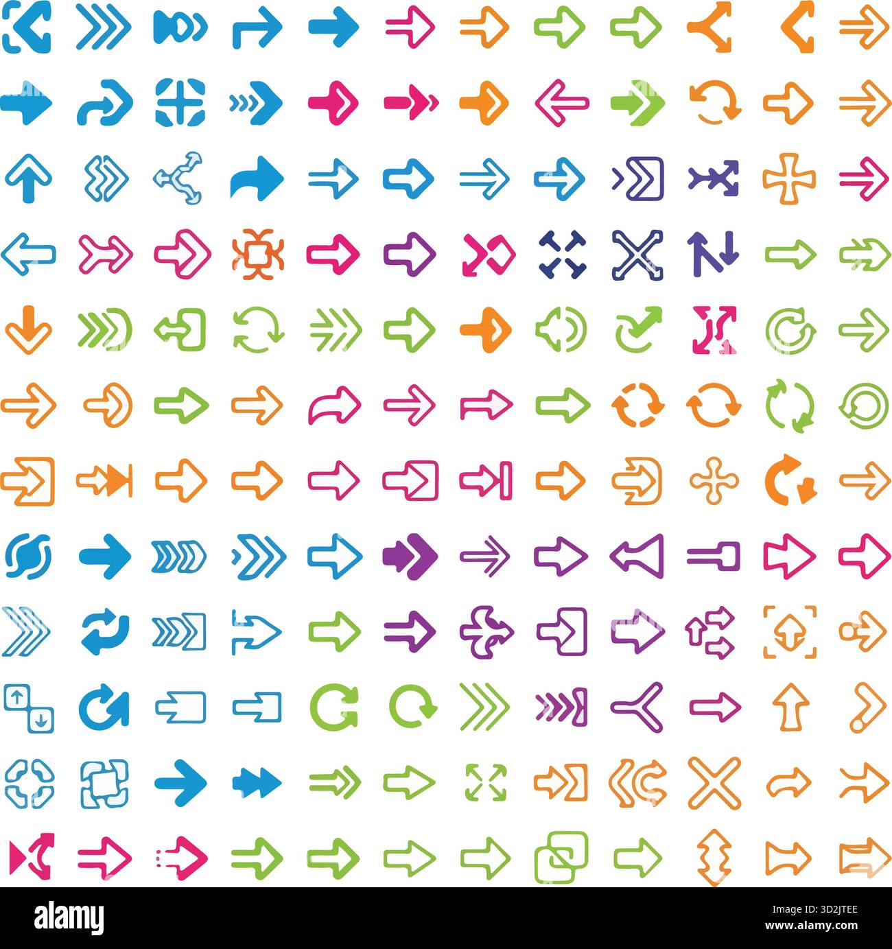 Set di icone a freccia colorata e raccolta cursore, un grande pacchetto vettoriale di frecce direzionali diverse, puntatori e simboli di navigazione per UI, UX Illustrazione Vettoriale