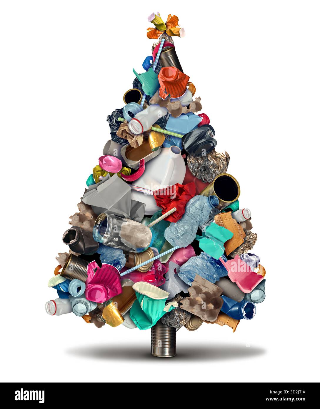 Riciclo durante le festività e riciclo durante la stagione invernale come albero di Natale con un gruppo di rifiuti riciclabili che rappresentano la conservazione e la comunità Foto Stock