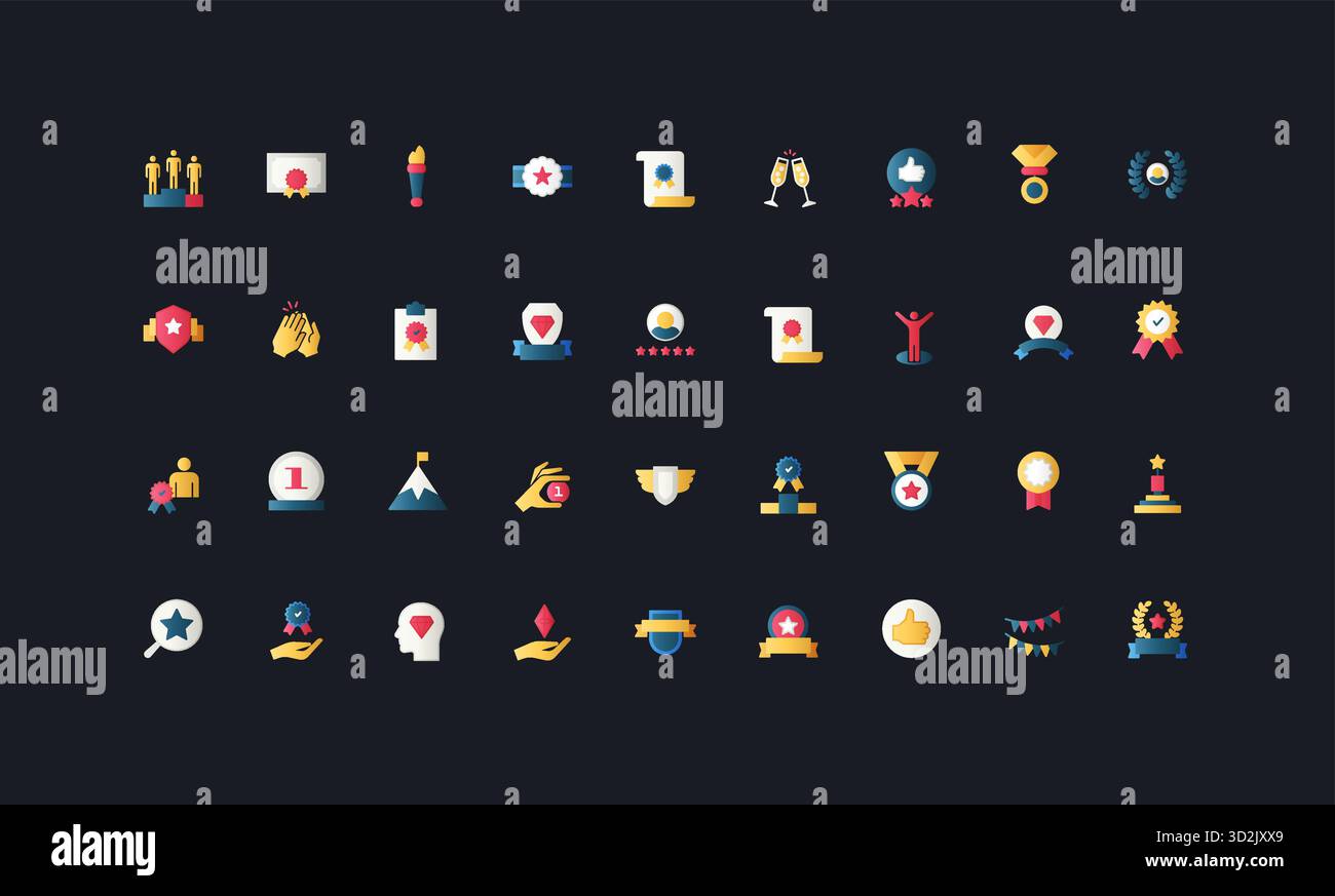 Icone in stile gradiente piatto con risultato, premio, distintivo, medaglia, trofeo, certificato ed elementi di riconoscimento su illustrazione vettoriale di sfondo scuro dell'interfaccia utente. Illustrazione Vettoriale