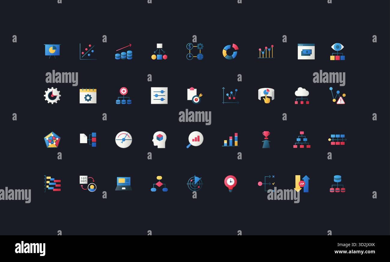 Set di icone in stile gradiente flat con business intelligence, analisi, visualizzazione dei dati, grafici, diagrammi, dashboard ed elementi del flusso di lavoro su illustrazione vettoriale di sfondo scuro dell'interfaccia utente. Illustrazione Vettoriale