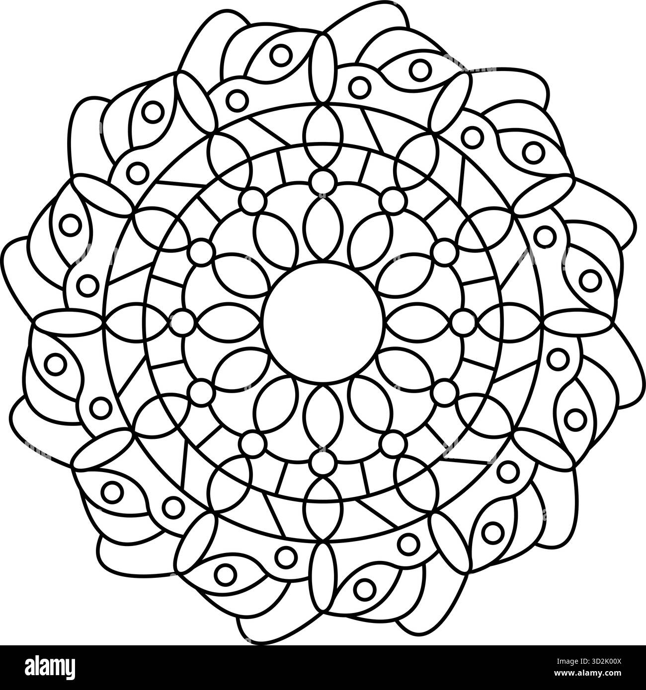 Motivo mandala floreale Black line art con design decorativo simmetrico, perfetto per colorare la meditazione delle opere d'arte Illustrazione Vettoriale