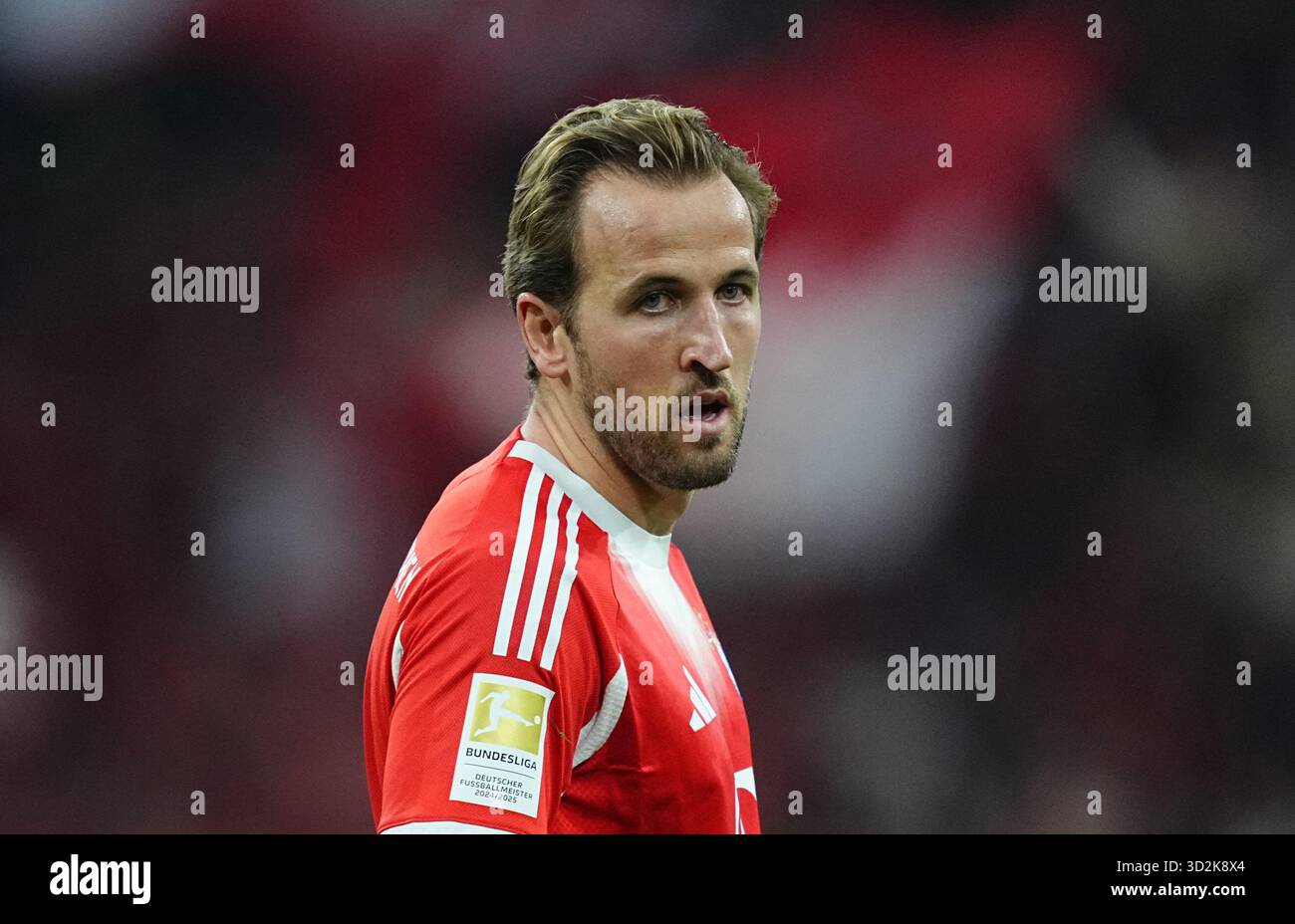 Allianz Arena, Monaco, Germania. 1 novembre 2025. Harry Kane del Bayern Monaco guarda durante una partita 1.Bundesliga, FC Bayern MÃ¼nchen V Leverkusen, all'Allianz Arena di Monaco, Germania. Ulrik Pedersen/CSM/Alamy Live News Foto Stock
