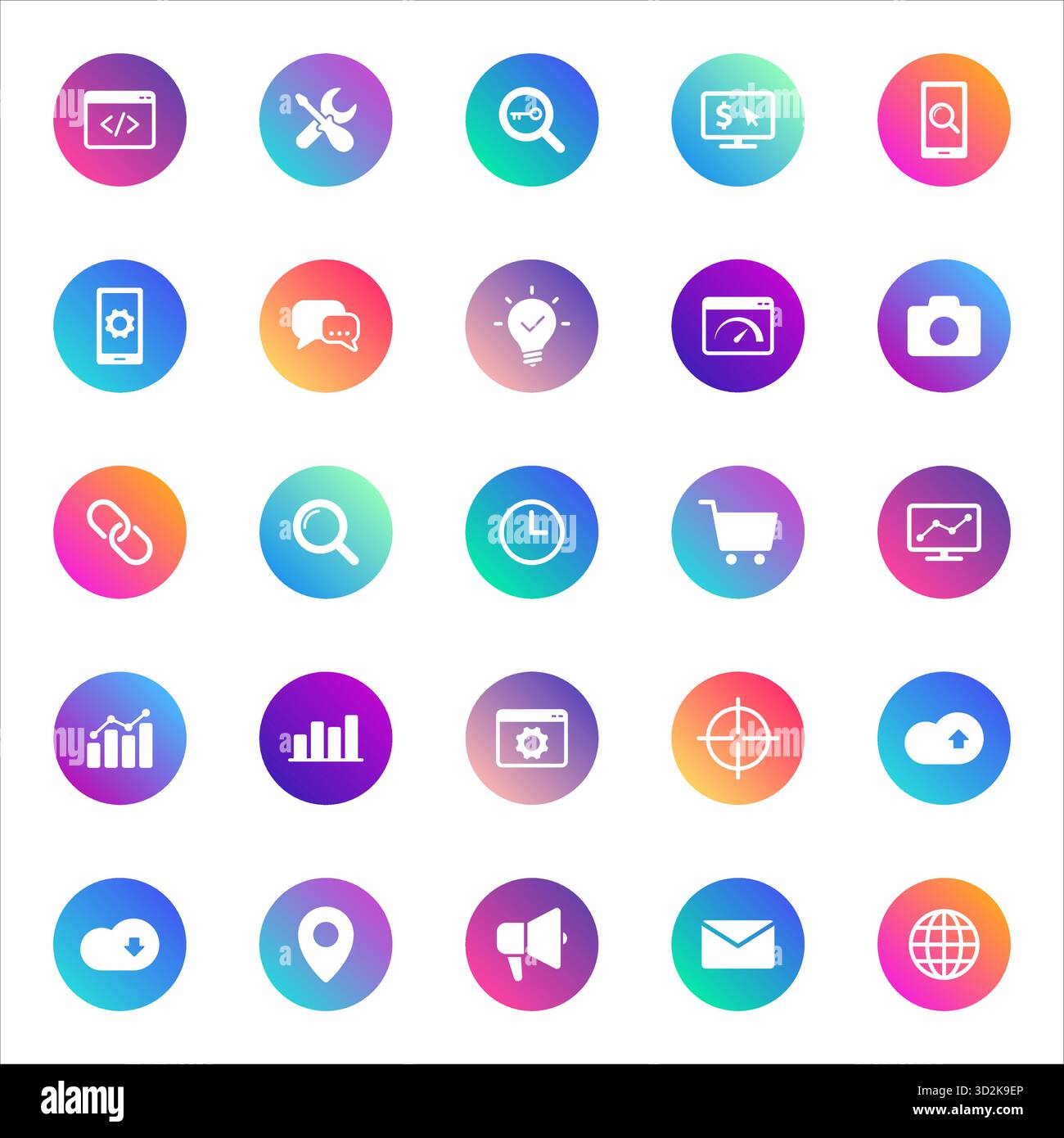 Digitale, business, tecnologia. Set vettoriale di 25 icone di gradiente rotondo con strumenti Web, analisi, comunicazione, cloud, e-commerce, e global acce Illustrazione Vettoriale