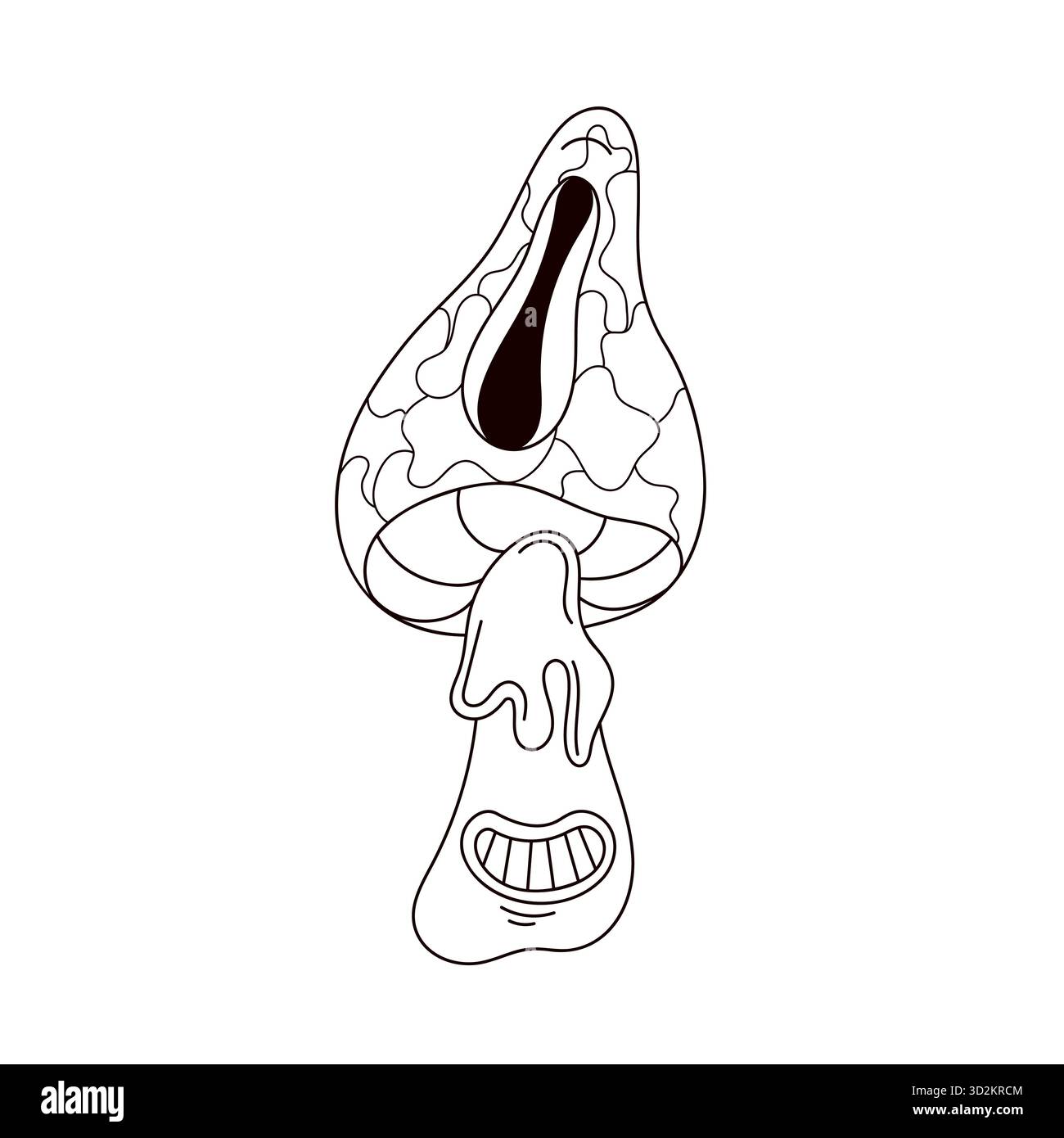 Fungo psichedelico in stile artistico con linee floreali. Personaggio con un occhio solo e un sorriso isolato su uno sfondo bianco. Illustrazione Vettoriale