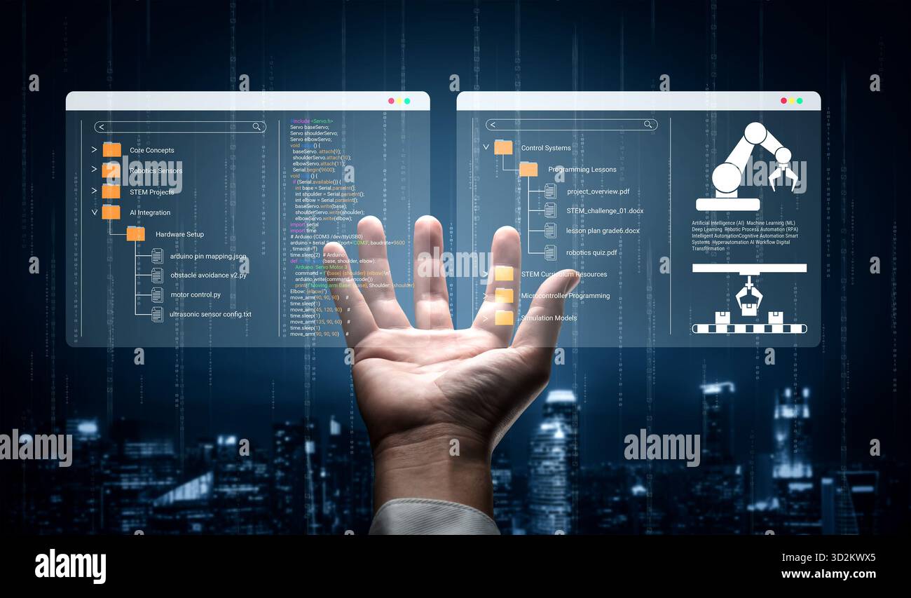 Il file system organizza le risorse di programmazione dell'intelligenza artificiale e della robotica, consentendo un'analisi efficiente dell'apprendimento STEM e dell'innovazione Foto Stock
