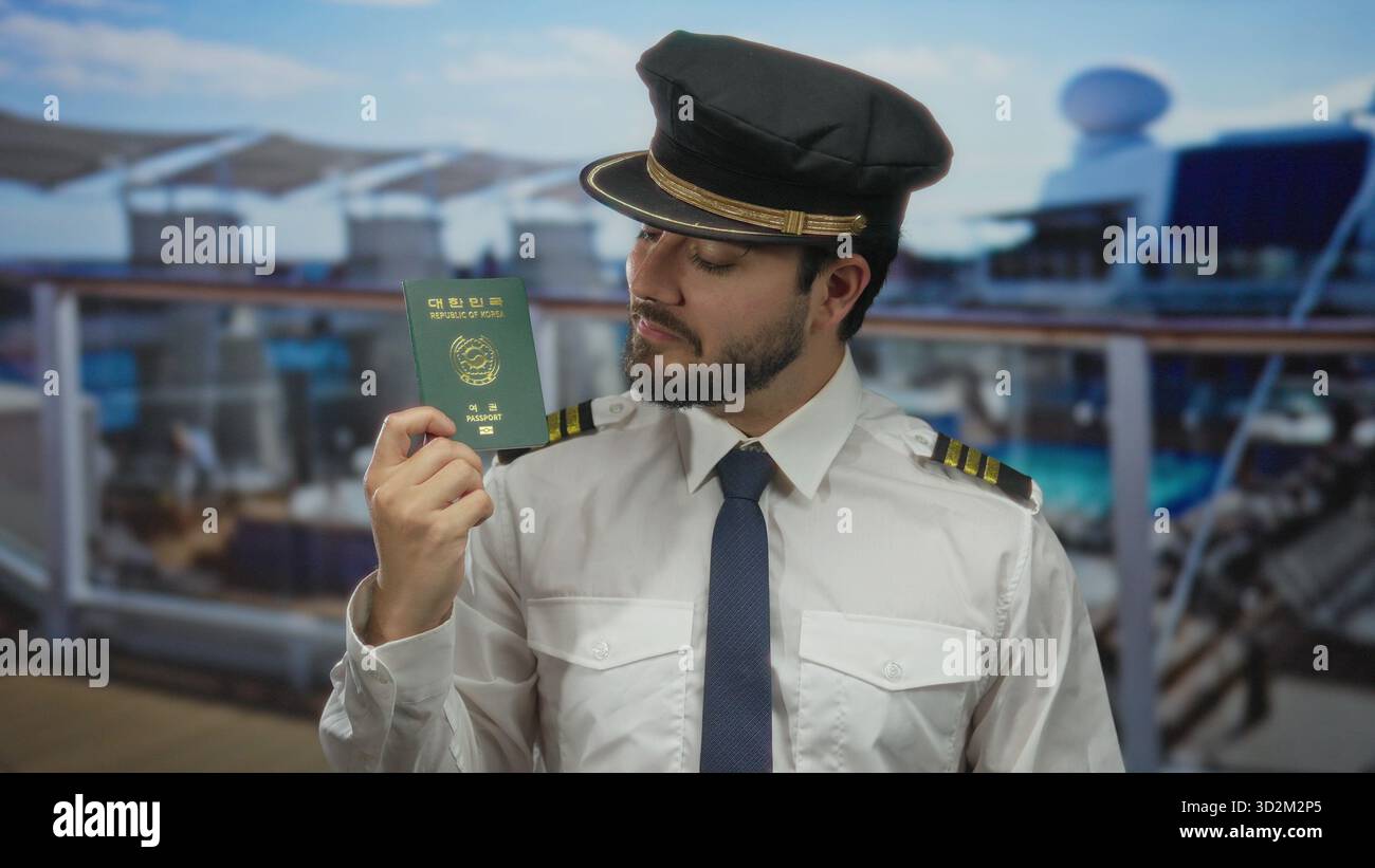 Giovane con la barba che tiene il passaporto sudcoreano sul ponte della nave da crociera con l'uniforme del capitano e il cappello sotto il cielo blu. Foto Stock