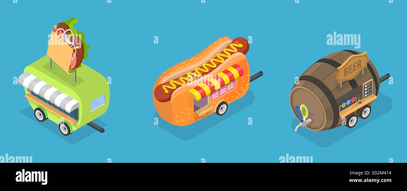 Illustrazione concettuale isometrica piatta 3D di Street Food Trucks, Mobile Restaurant illustrazione concettuale isometrica piatta 3D di Street Food Trucks, Mobile Restaurant Foto Stock