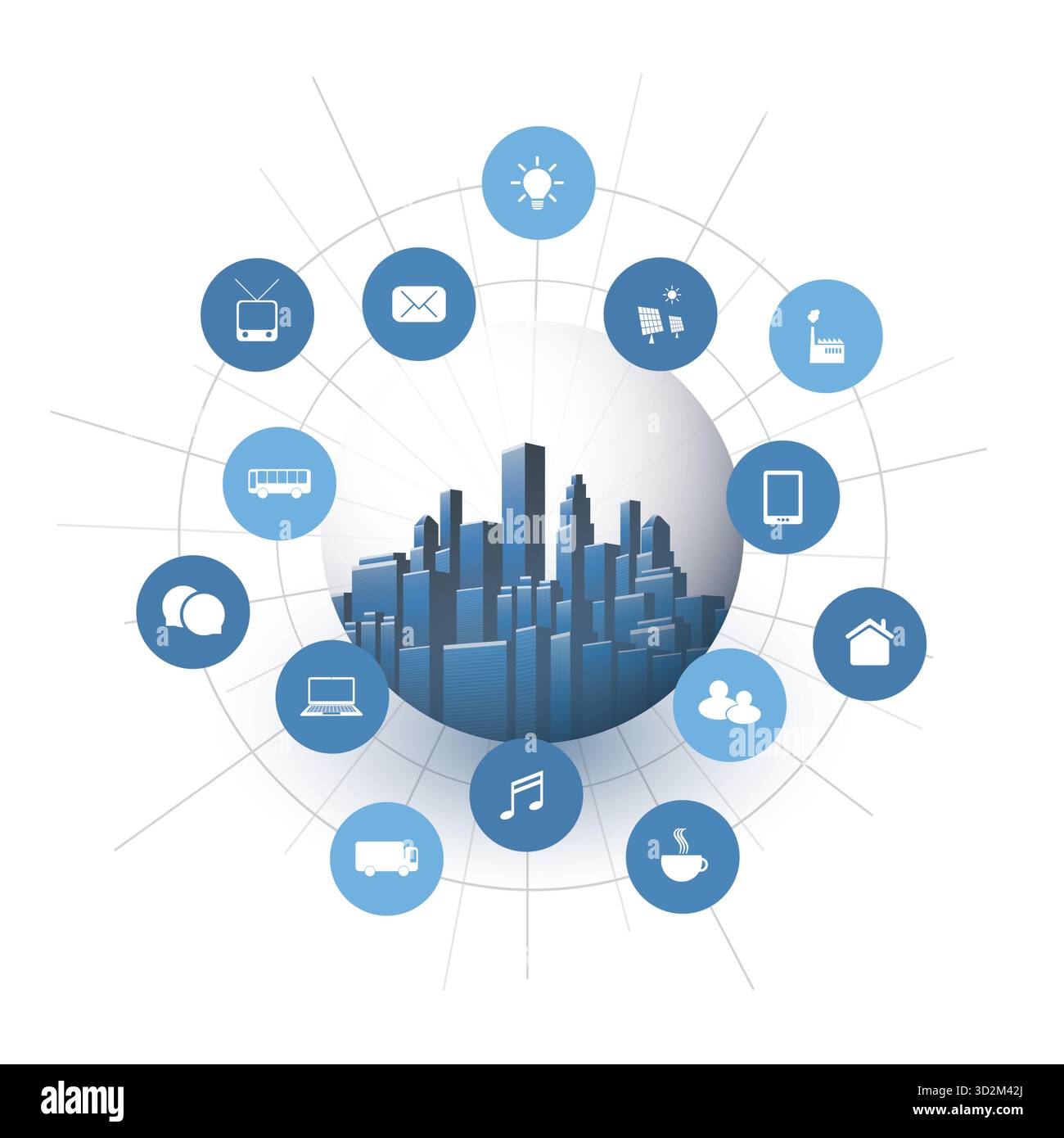 Design futuristico di Smart City, IoT e cloud computing con icone che rappresentano nodi di rete, dispositivi e servizi - alti edifici all'interno di un globo di vetro Illustrazione Vettoriale