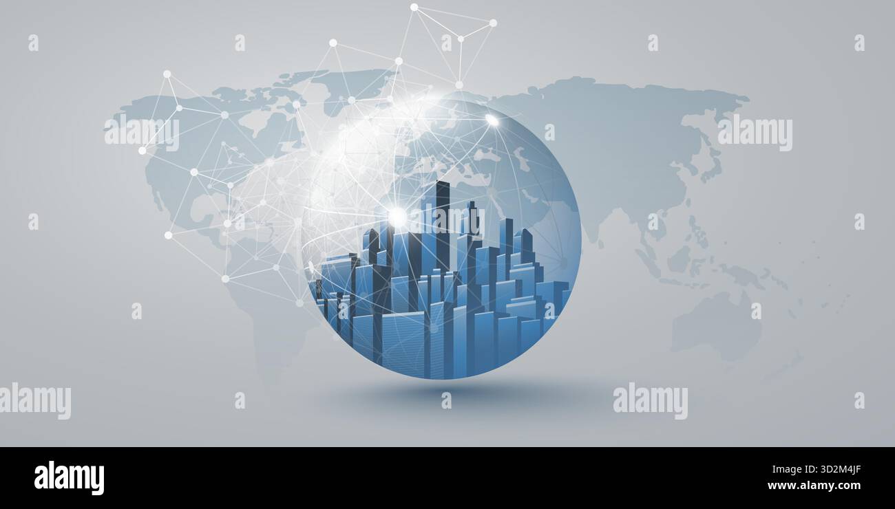 Concept futuristico di progettazione Blue Smart City, IoT e Cloud Computing con Polygonal Mesh Globe, Nodes, Cityscape, grattacieli, Towers Inside - Digital N Illustrazione Vettoriale