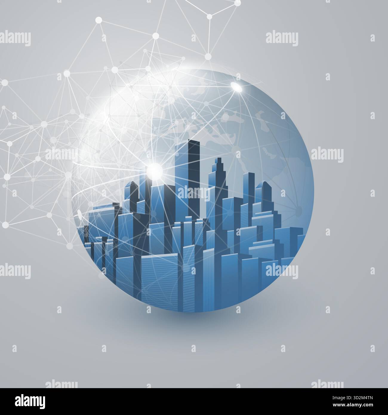 Concept futuristico di progettazione Blue Smart City, IoT e Cloud Computing con Polygonal Mesh Globe, Nodes, Cityscape, grattacieli, Towers Inside - Digital N Illustrazione Vettoriale