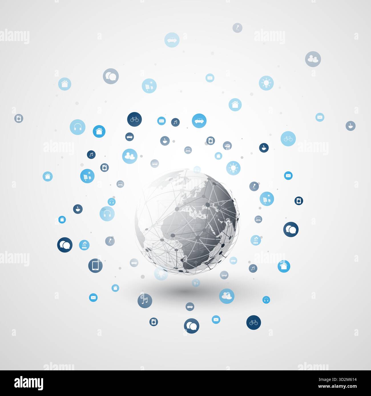 Internet delle cose, concetto di progettazione di cloud computing con icone - connessioni di rete digitali in tutto il mondo, background tecnologico Illustrazione Vettoriale