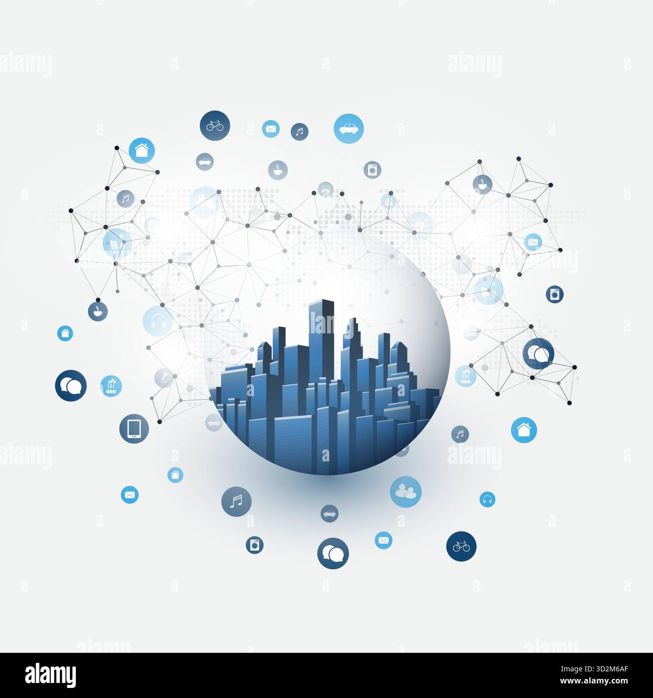Futuristico concetto di progettazione di Smart City, IoT e cloud computing con icone blu che rappresentano i dispositivi digitali e i nodi di servizio - alti edifici all'interno di un Illustrazione Vettoriale