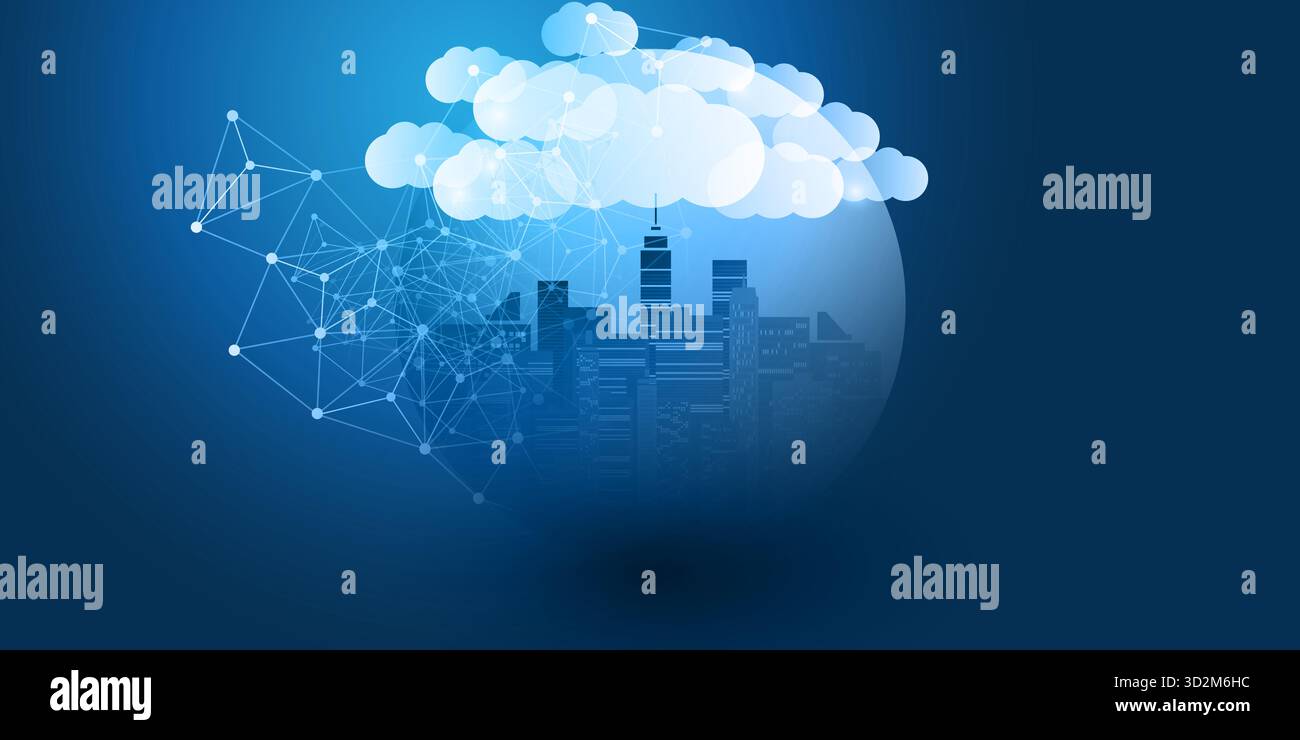 Smart City blu scuro e bianco, concetto di progettazione cloud computing con globo trasparente e paesaggio urbano, edifici alti, grattacieli interni - Digital Poly Illustrazione Vettoriale