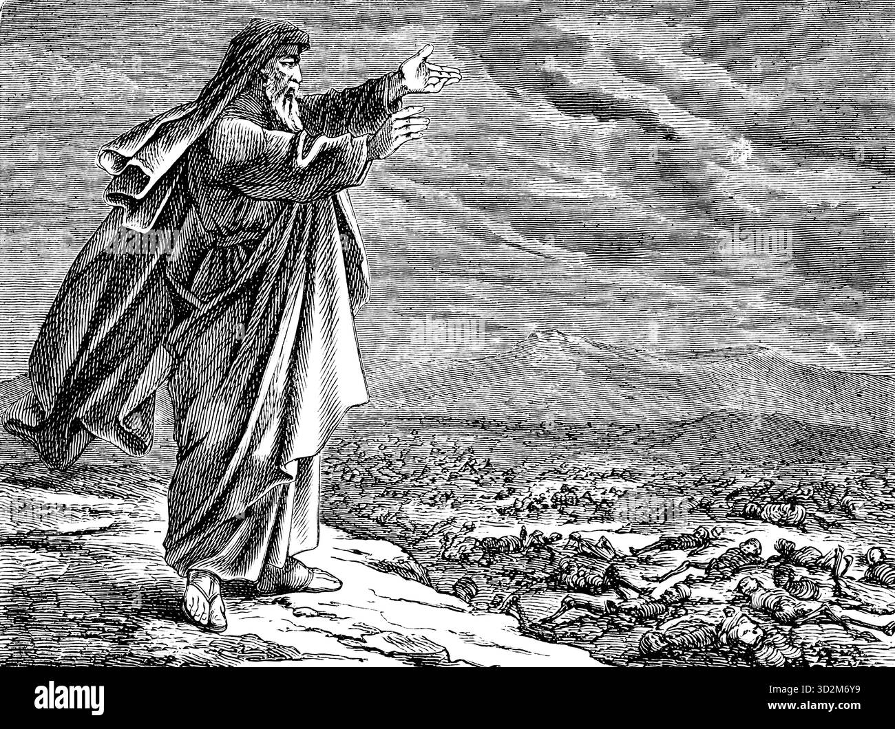 Questo è il modo in cui il Signore parla, vento, vieni qui e soffia contro queste persone uccise, affinché tornino in vita, il profeta Ezechiele, capitolo 37, larghezza, Foto Stock