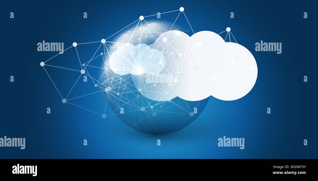 Concetto di progettazione di cloud computing - nodi digitali globali e poligoni 3D; connessioni, intelligenza artificiale moderna, software, servizio, piattaforma tecnologica - Big Cloud e. Illustrazione Vettoriale