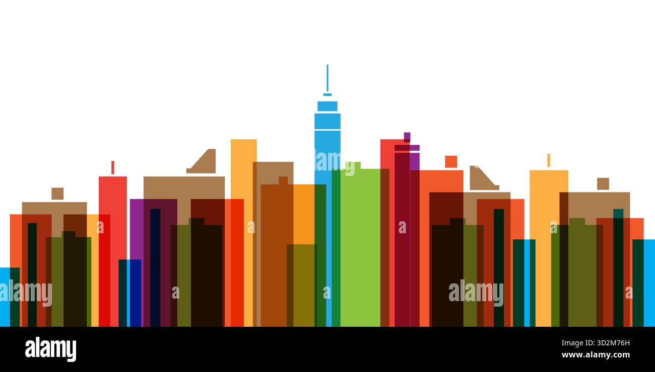 Illustrazione isolata di un vivace skyline cittadino caratterizzato da alti edifici e grattacieli in molteplici colori luminosi. La composizione utilizza il retto verticale Illustrazione Vettoriale