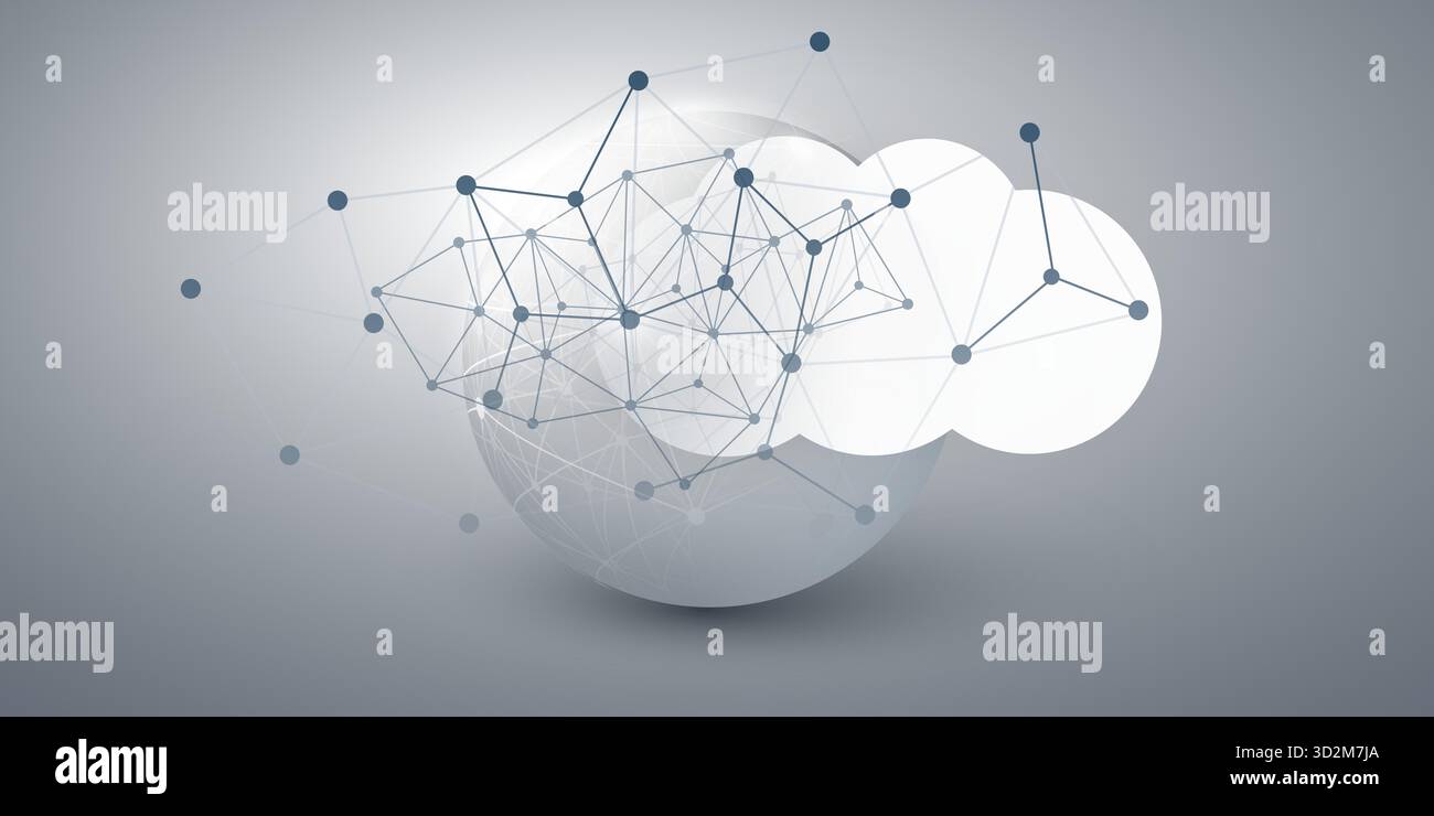 Concetto di progettazione di cloud computing - nodi digitali globali e poligoni 3D; connessioni, intelligenza artificiale moderna, software, servizio, piattaforma tecnologica - Big Cloud e. Illustrazione Vettoriale