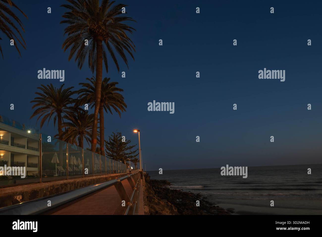 Tranquilla passeggiata sul lungomare costeggiata da palme e luci serali soffuse lungo la costa di Gran Canaria. Il mare calmo e il cielo limpido crepuscolo creano un Foto Stock