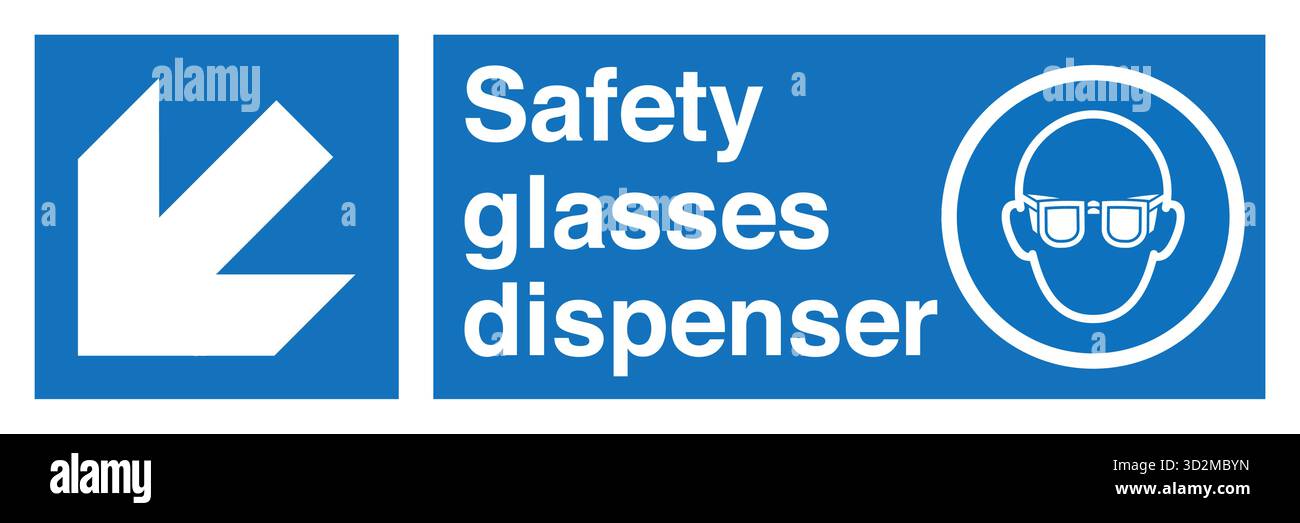 Segnale di sicurezza – indossare occhiali di protezione per gli occhi per ricordare agli operatori di indossare occhiali di sicurezza in aree in cui detriti, sostanze chimiche o particelle in volo rappresentano un rischio. Illustrazione Vettoriale