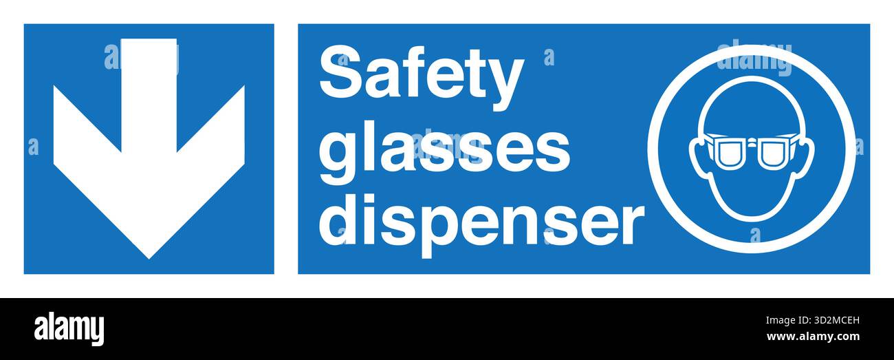 Segnale di sicurezza – indossare occhiali di protezione per gli occhi per ricordare agli operatori di indossare occhiali di sicurezza in aree in cui detriti, sostanze chimiche o particelle in volo rappresentano un rischio. Illustrazione Vettoriale