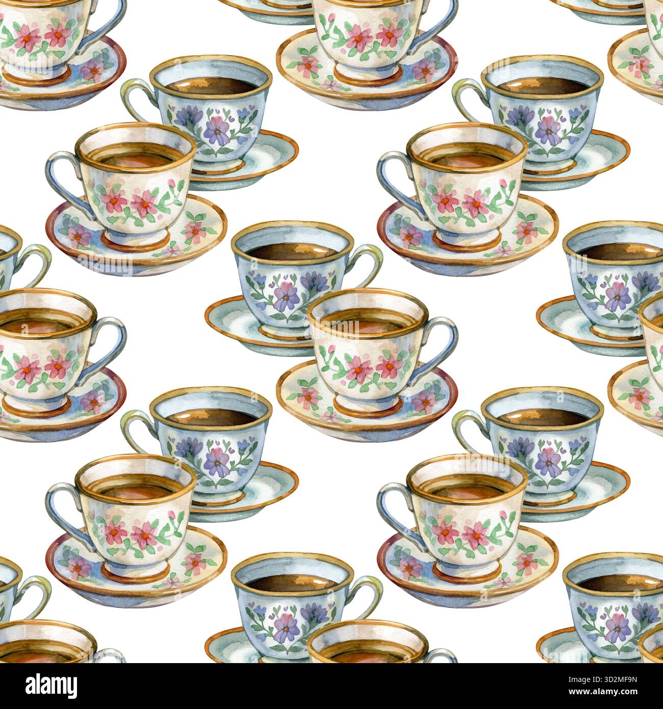 Motivo acquerello senza cuciture con tazze e piattini da tè floreali, piatti in porcellana dipinti a mano, elegante design botanico per avvolgere carta, tessuto e. Foto Stock