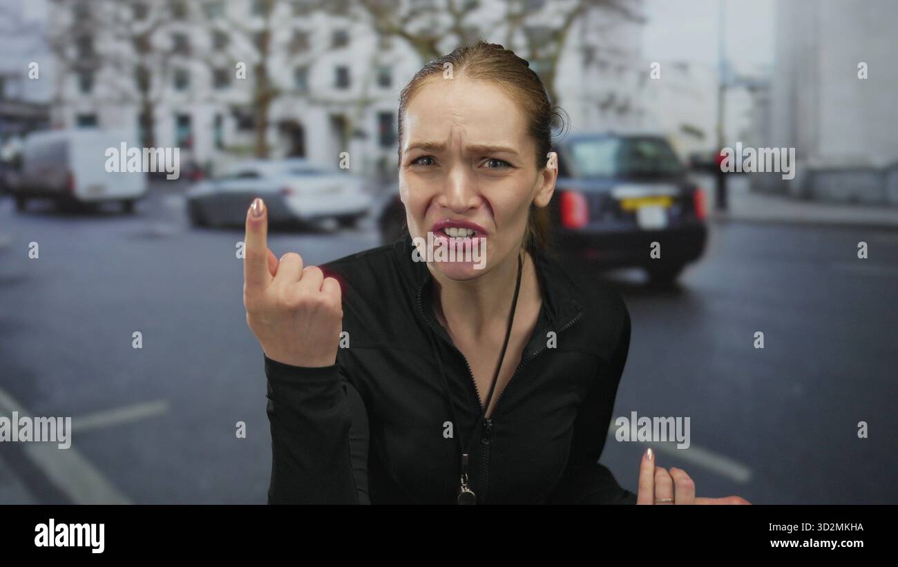 La donna addestratrice punta il dito in strada vicino alle auto indossando una giacca nera e fischiando; determinazione. Foto Stock