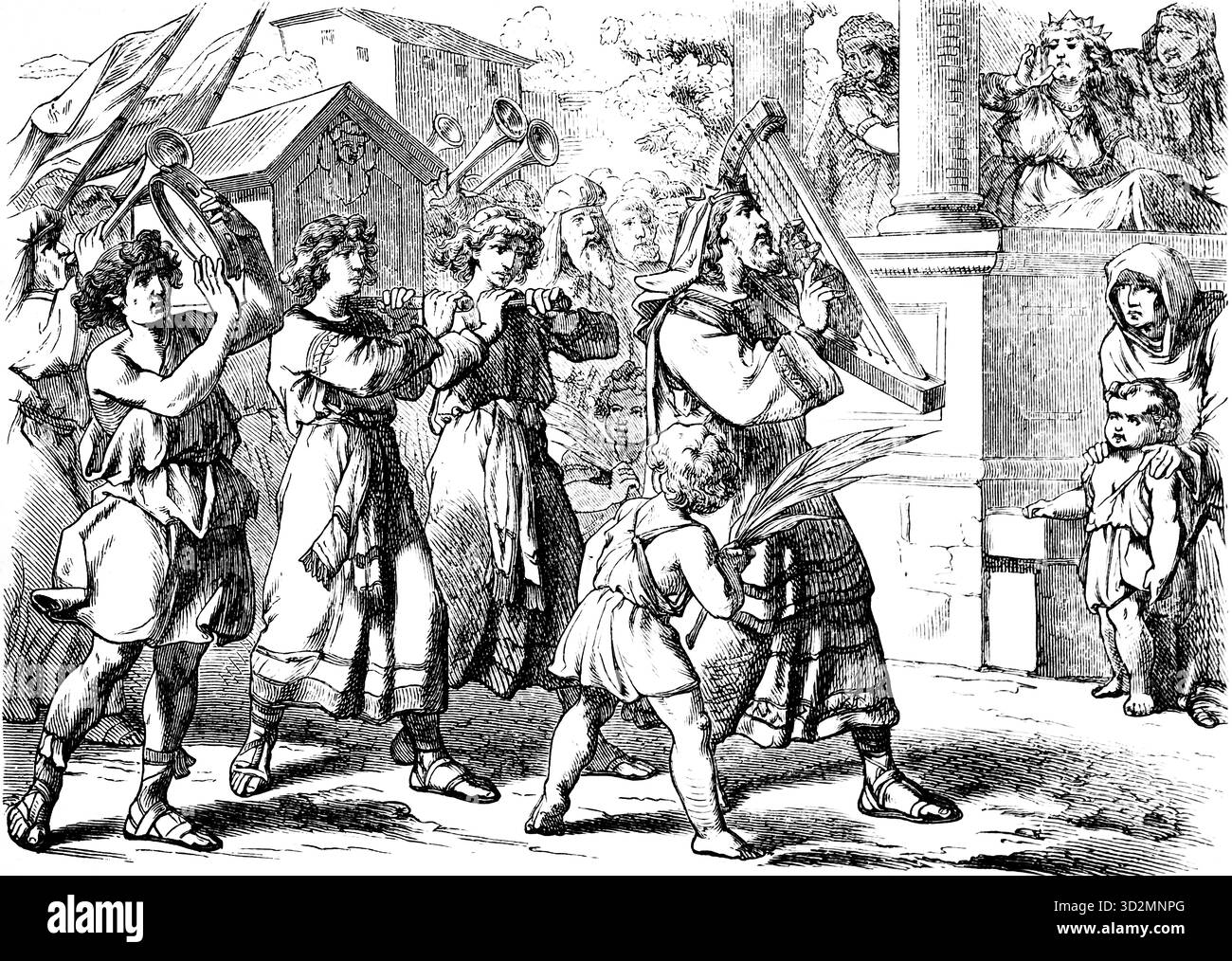 Michal's Beckery of David's Joy, Second Book of Samuel, Chapter 7, King of Israel, Enthusiasm, Band, tromboni, sacrificio, suonatore di arpa, ballo, Arca di Foto Stock