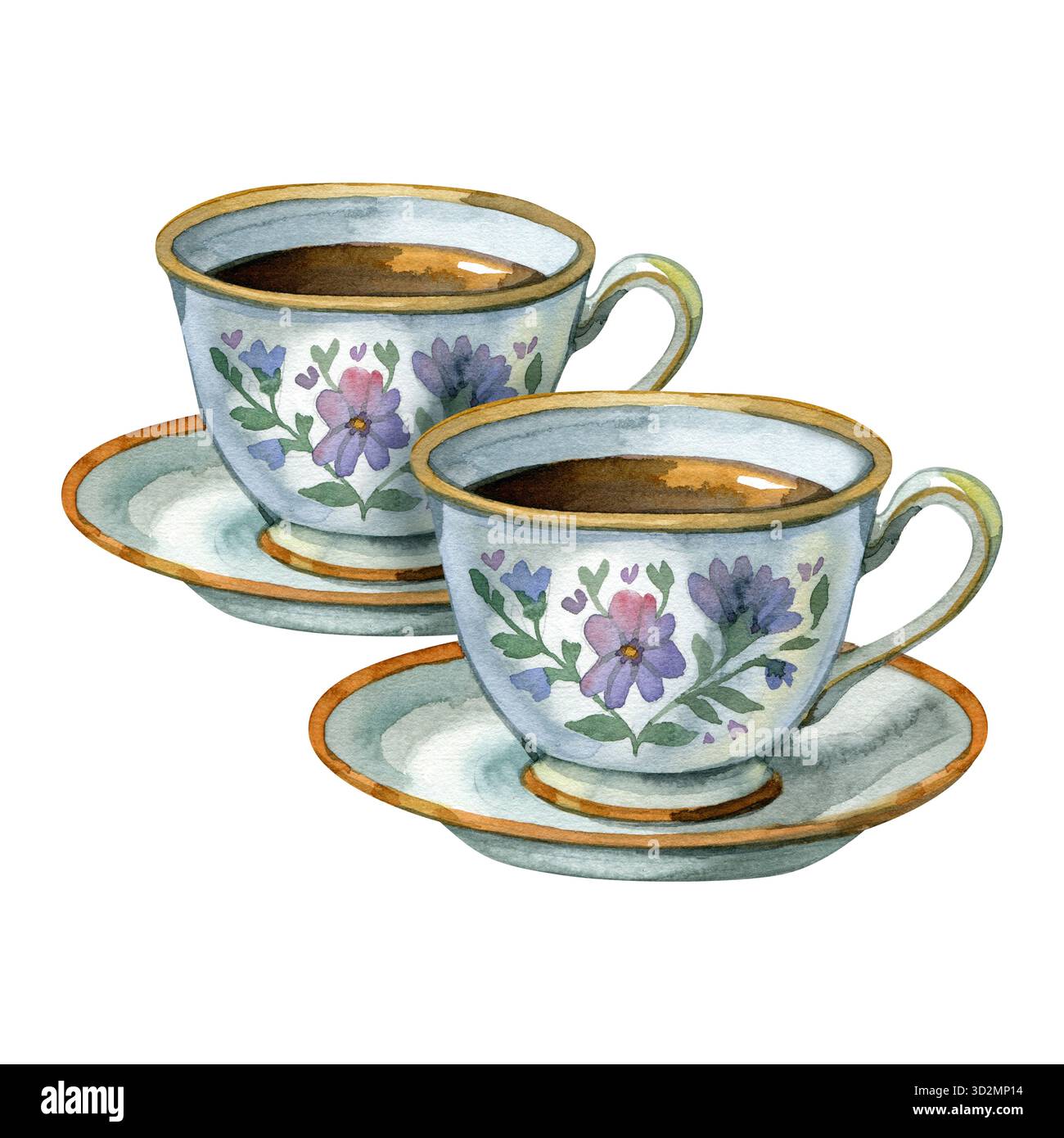 Illustrazione ad acquerello di due tazze da tè vintage con motivo floreale, piatti in porcellana dipinti a mano, un intimo design in stile cottagecore isolato sul bianco Foto Stock