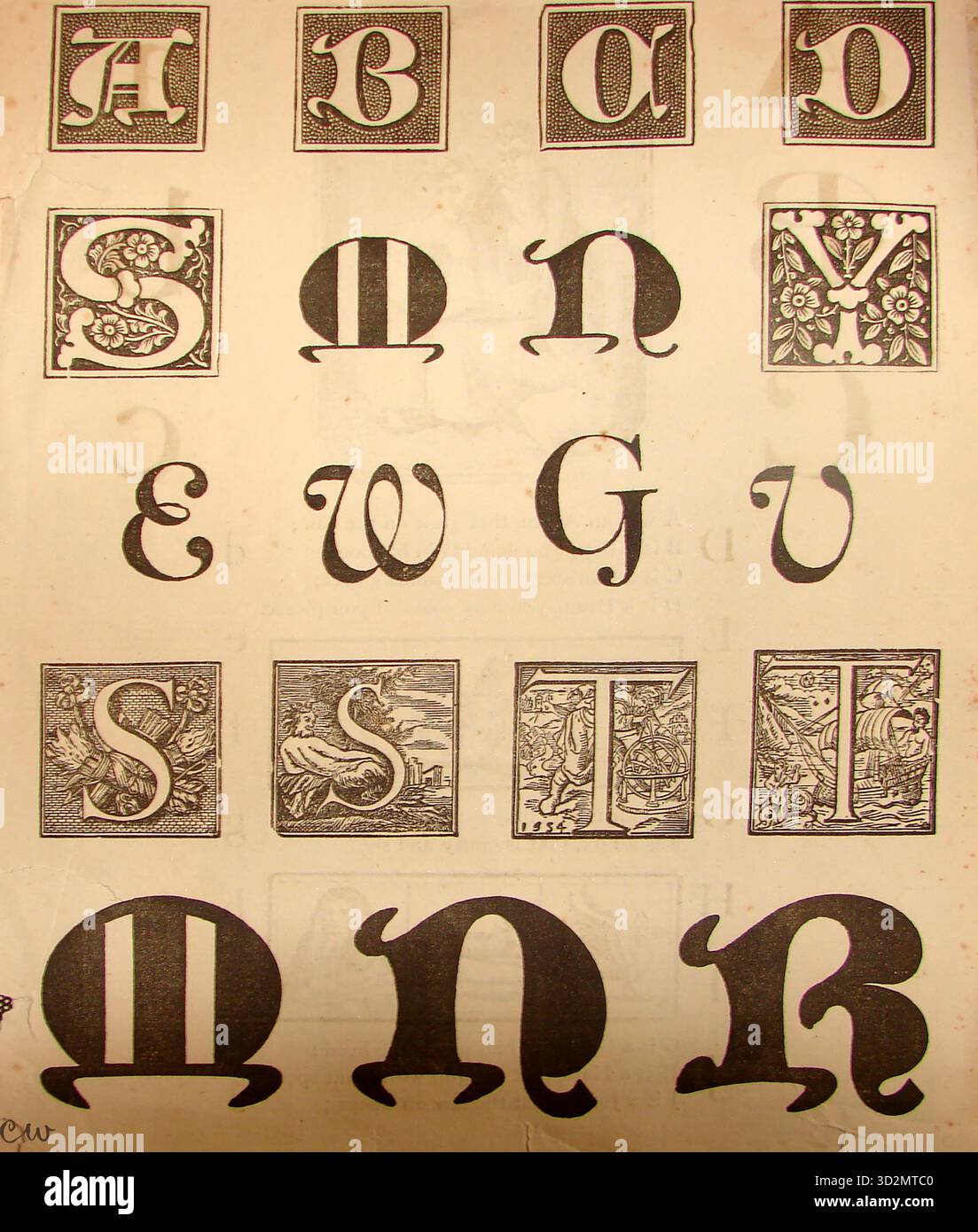 Circa 1850 - Una pagina di esempio da un catalogo di stampanti che mostra i blocchi di legno disponibili per evidenziare le didascalie Foto Stock