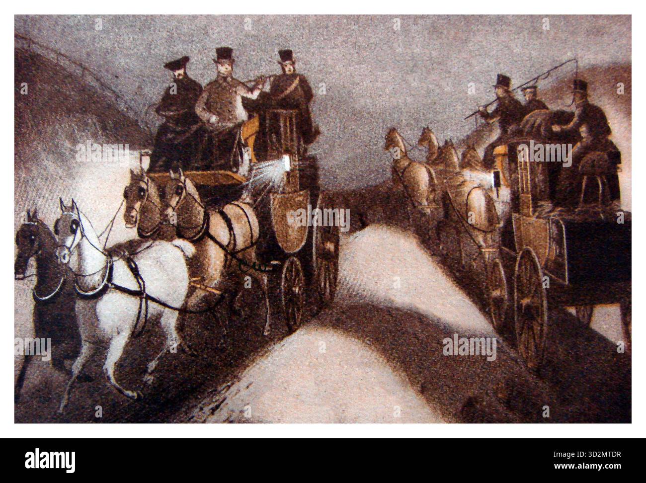 Intorno al 1850, due carrozze inglesi passano di notte Foto Stock