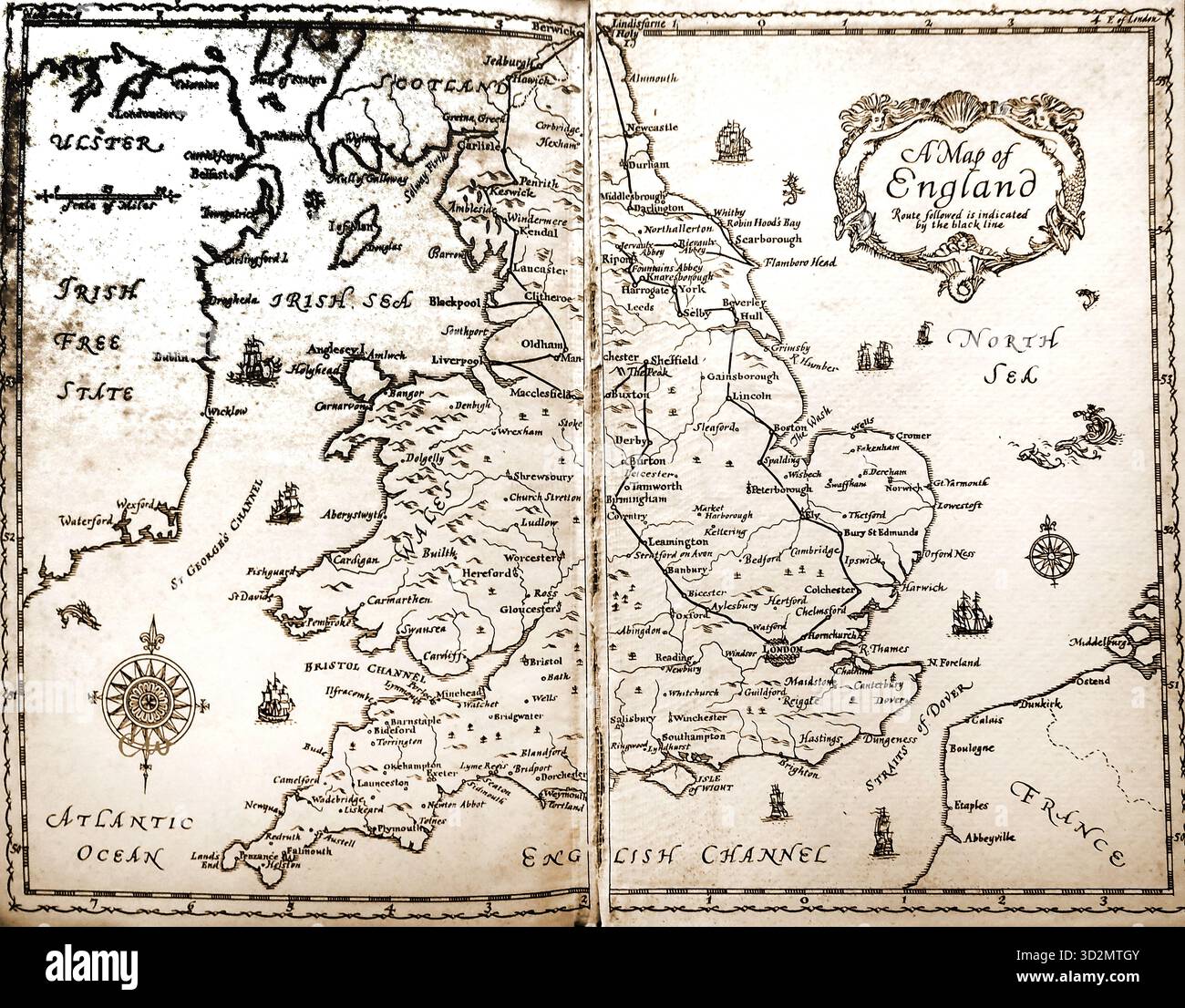 1928 MAPPA DELL'INGHILTERRA che mostra le principali città, città e un percorso turistico suggerito in Inghilterra più parte dell'Irlanda elencato come lo STATO LIBERO D'Irlanda Foto Stock