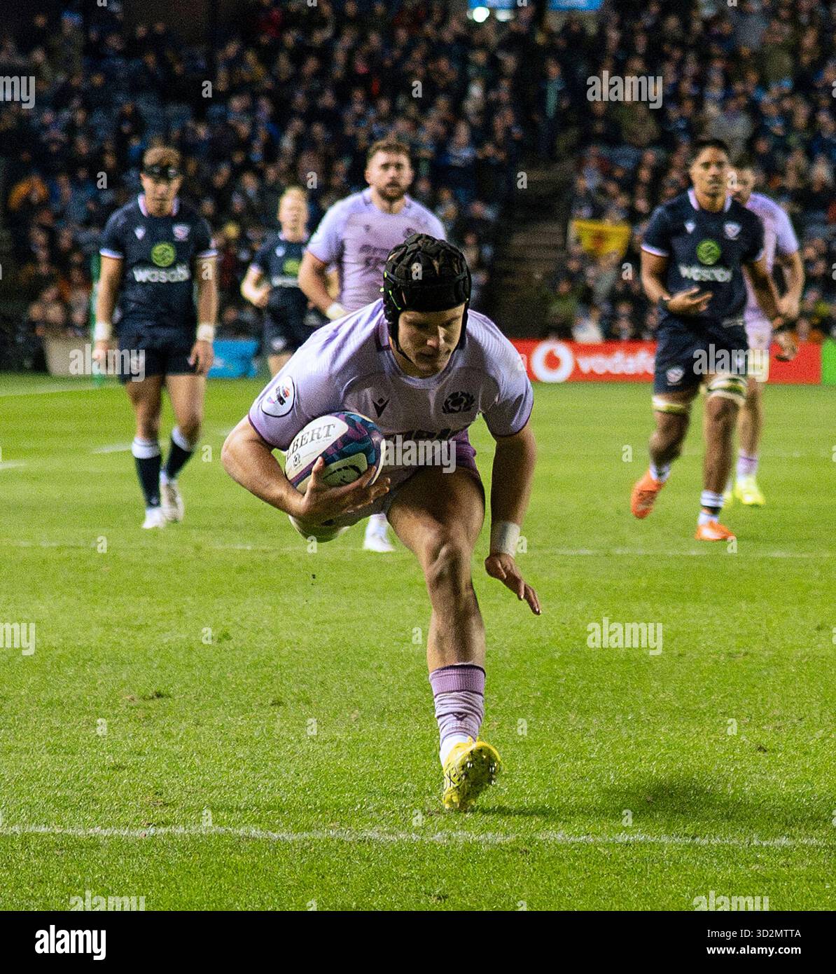 Edimburgo, Regno Unito. 1 novembre 2025. Test autunnale - Scozia contro Stati Uniti. Darcy Graham, l'ala scozzese, si tuffa oltre la linea per segnare mentre la Scozia affronta gli Stati Uniti nella loro prima partita dei test autunnali del 2025 al Murrayfield Stadium di Edimburgo, Scozia. Credito britannico: Ian Jacobs/Alamy Live News Foto Stock