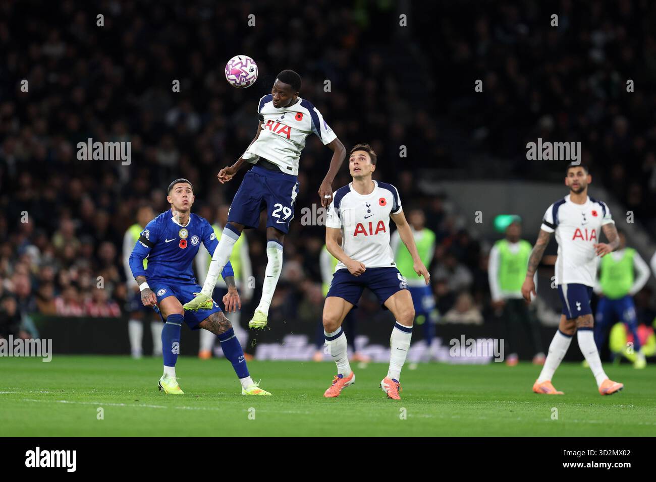 Londra, Regno Unito. 1 novembre 2025. Pape Matar Sarr di Tottenham Hotspur (29) in azione. Partita di Premier League, Tottenham Hotspur contro Chelsea allo stadio Tottenham Hotspur di Londra sabato 1 novembre 2025. Questa immagine può essere utilizzata solo per scopi editoriali. Foto per uso editoriale di Andrew Orchard/Alamy Live news Foto Stock