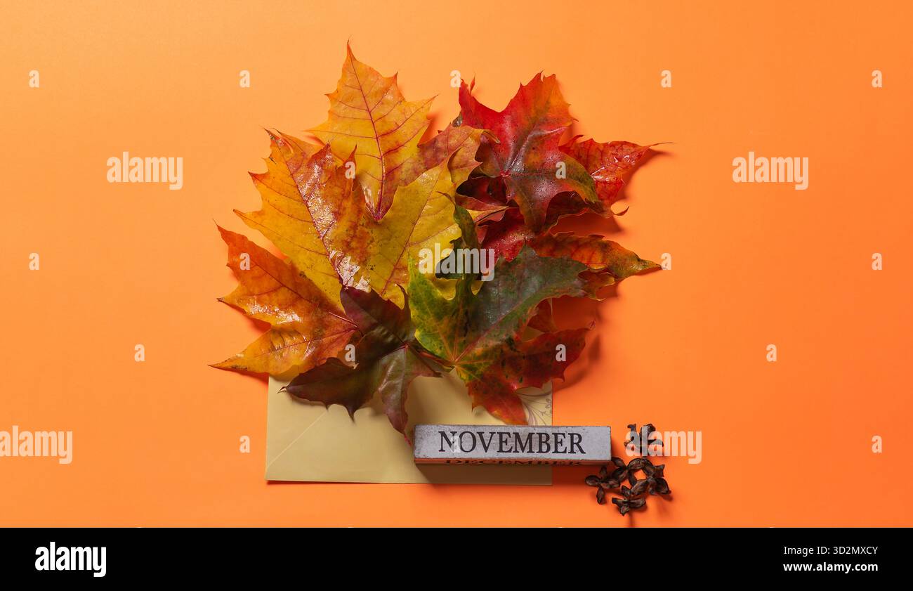 Una collezione di vivaci foglie autunnali sovrapposte a una busta crema con un blocco di novembre e chiodi di garofano, che rappresentano la bellezza e il calore stagionali di f Foto Stock