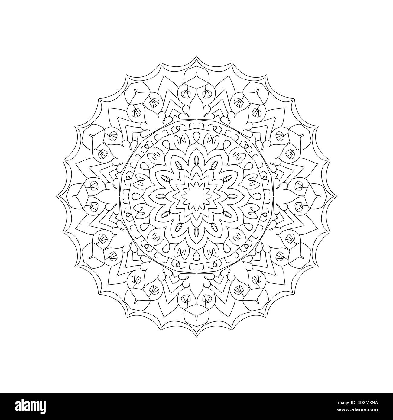 Intramontabile pagina da colorare Mandala: Petali floreali a strati e sofisticata simmetria disegnata a mano Illustrazione Vettoriale