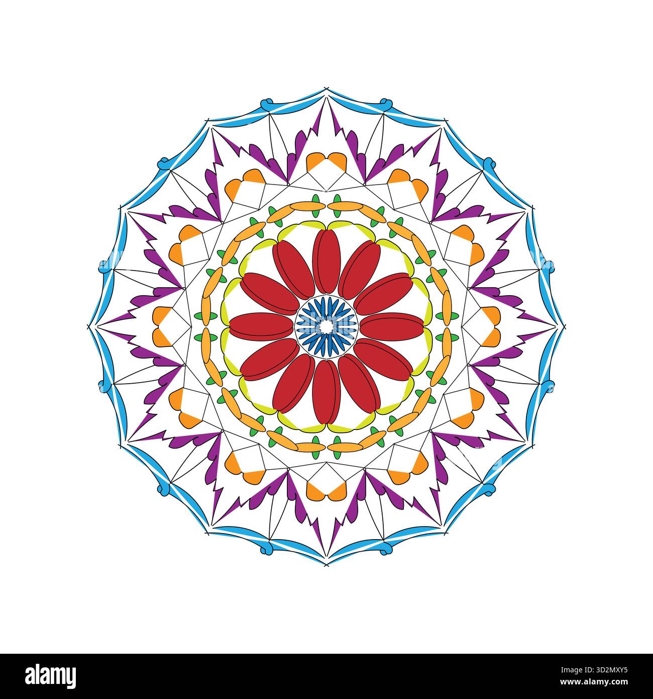 Vivace illustrazione Mandala floreale: Design digitale simmetrico con petali rossi e colori brillanti Illustrazione Vettoriale