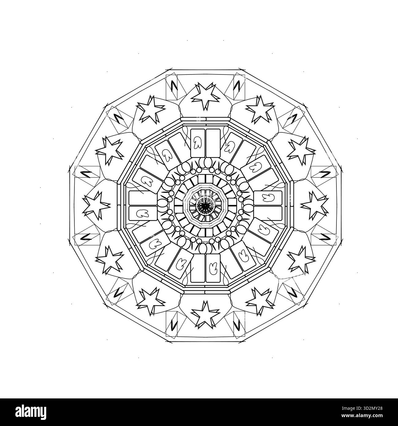 Intricati disegni in bianco e nero con stelle geometriche e motivi dentali Illustrazione Vettoriale