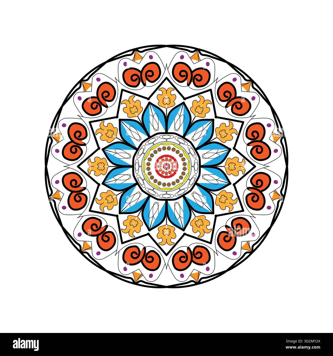 Mandala dai motivi vivaci con petali blu, rotoli arancioni e forme grafiche audaci Illustrazione Vettoriale
