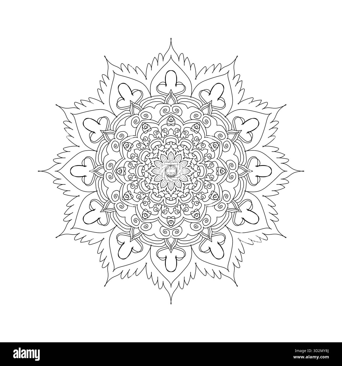 Zen intricato: Mandala bianco e nero disegnato a mano con manopole e petali a forma di cuore Illustrazione Vettoriale