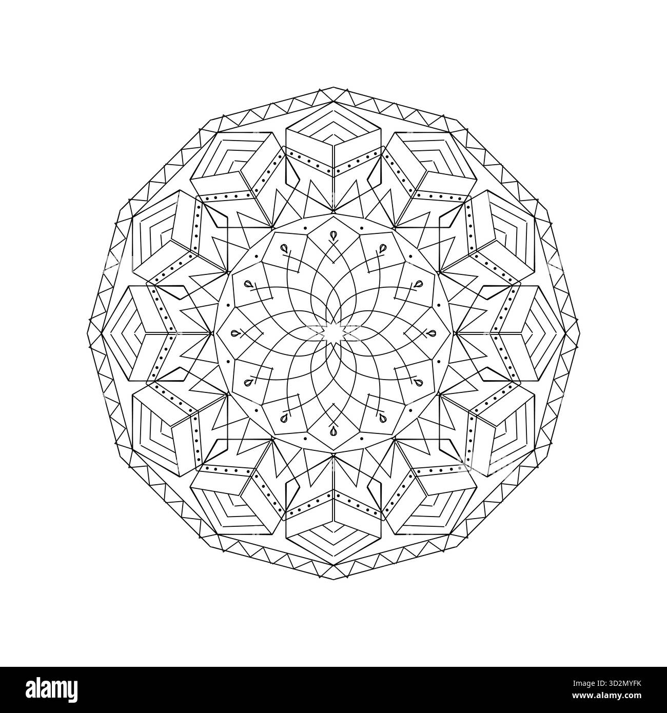 Mandala geometrico Starburst intricato: Grafica dettagliata e simmetrica per colorazione avanzata Illustrazione Vettoriale