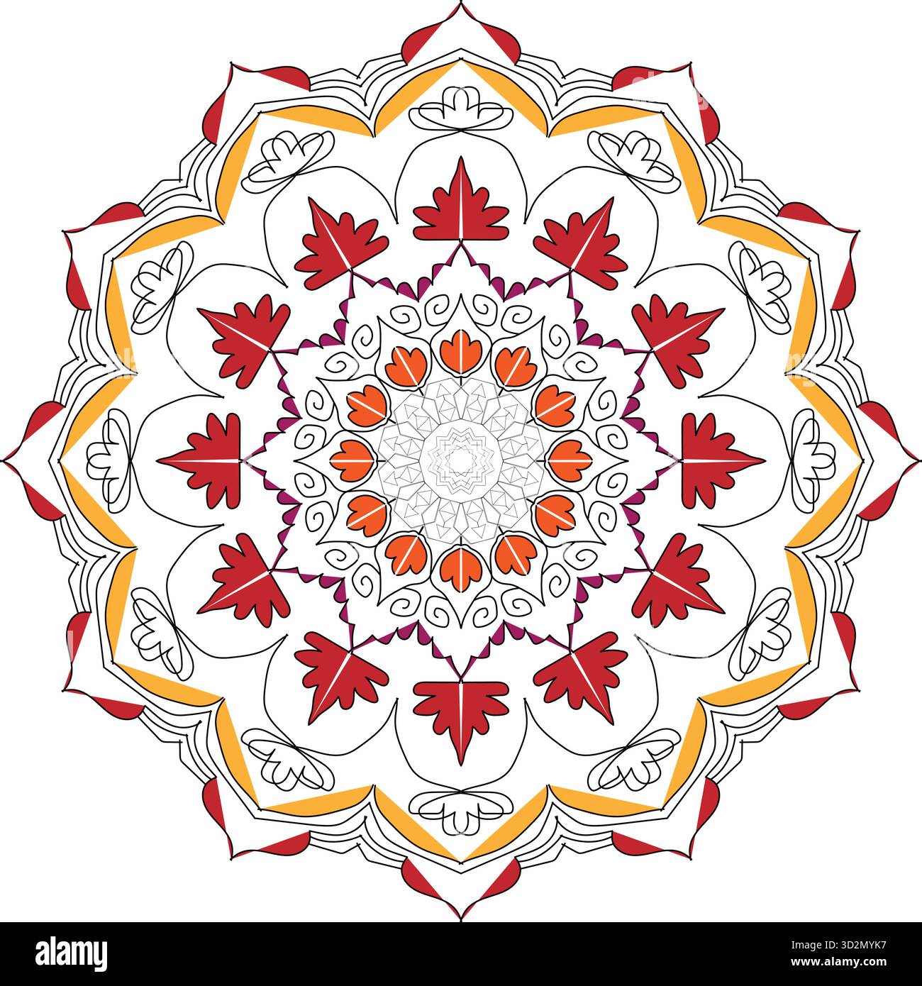 Mandala foglie autunnali e fiori: Un vibrante pezzo d'arte circolare ispirato all'autunno Illustrazione Vettoriale