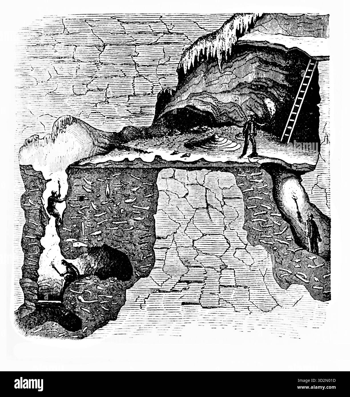 Geilenreuther Cavern, Franconia. Gli esploratori con torce fiammeggianti scendono nella caverna di Geilenreuth in Franconia, circondata da stalattiti e profondi pozzi, uno scorcio dell'architettura nascosta della natura. Foto Stock