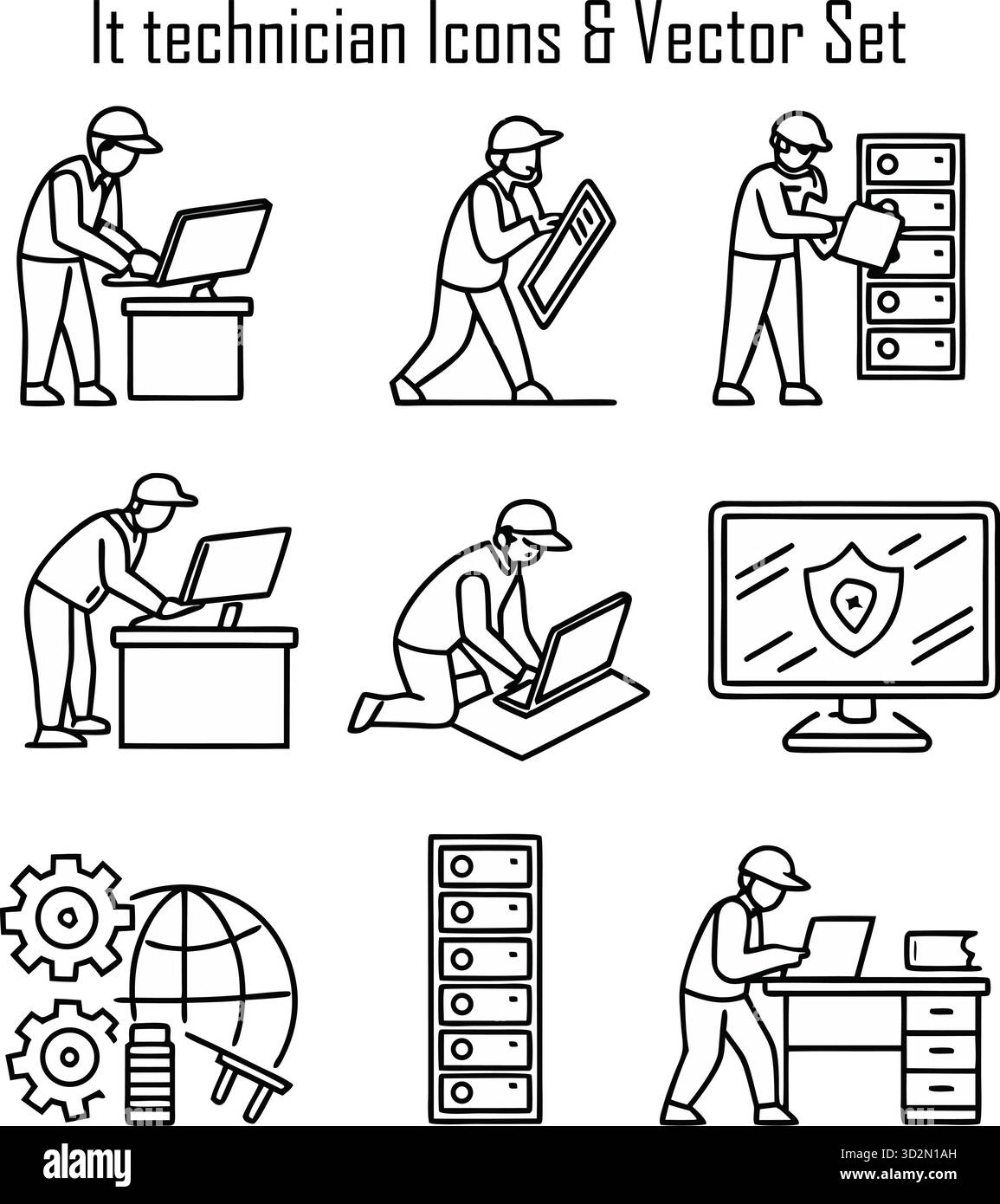 Icone dei tecnici IT e concetto di supporto tecnologico: Riparazione dei computer, configurazione della rete, sicurezza informatica, Help Desk Illustrazione Vettoriale