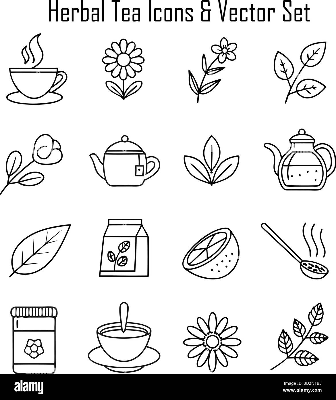 Icone del tè alle erbe e concetti di benessere – infusioni naturali, relax, ingredienti biologici, stile di vita sano Illustrazione Vettoriale