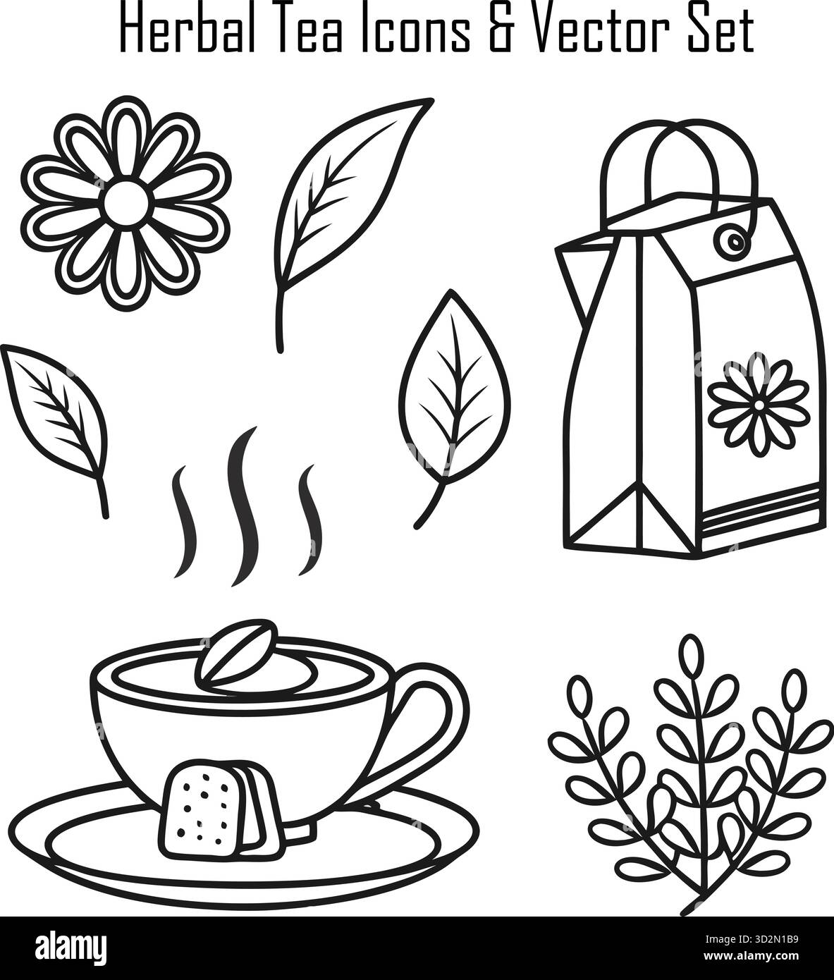 Icone del tè alle erbe e concetti di benessere – infusioni naturali, relax, ingredienti biologici, stile di vita sano Illustrazione Vettoriale