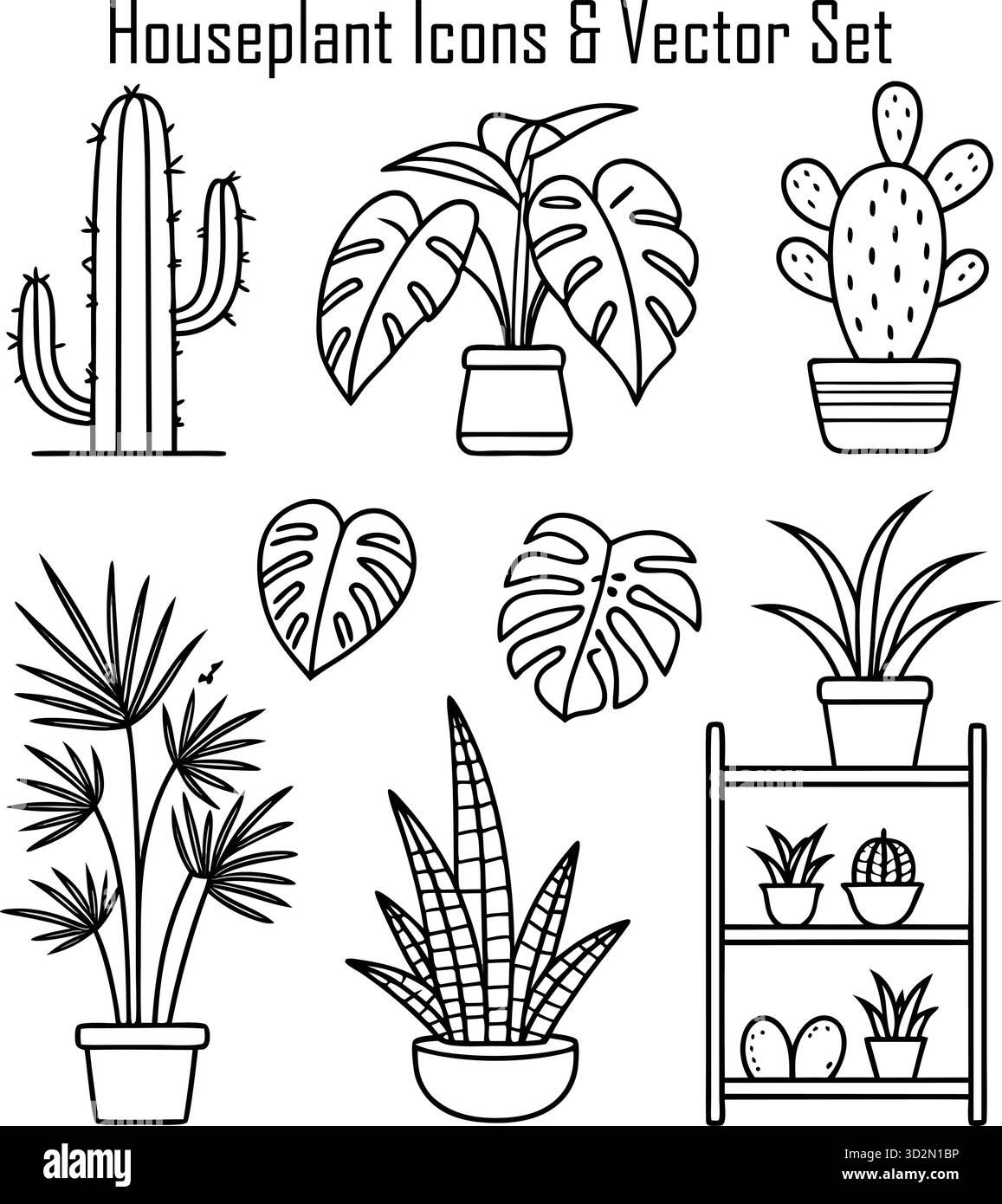 Icone delle piante della casa e concetti di vegetazione interna: Piante in vaso, arredamento per la casa, cura botanica, giungla urbana Illustrazione Vettoriale